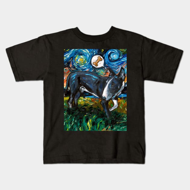 Black and White Bull Terrier Starry Night Kids T-Shirt by sagittariusgallery